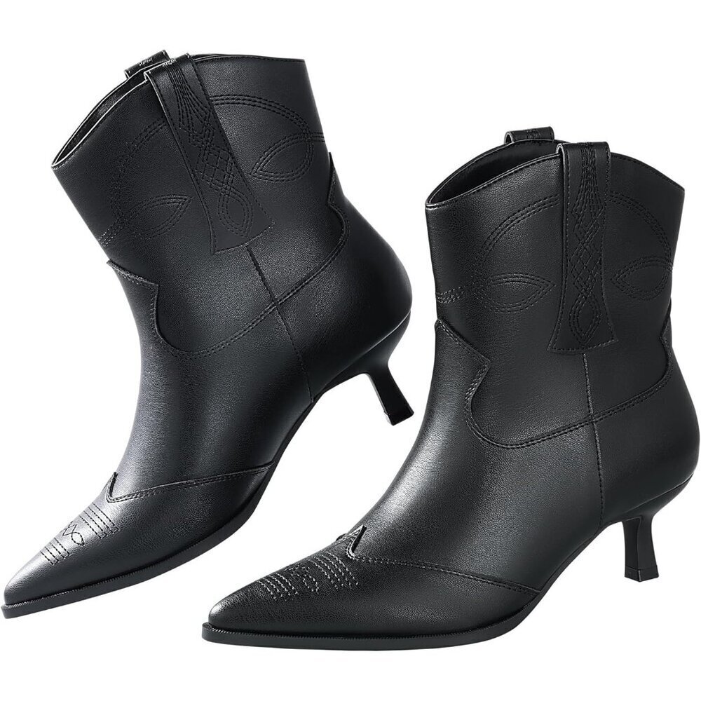 Women's Black Cowgirl Ankle Booties Pointed Toe Dress Western Short Shoes